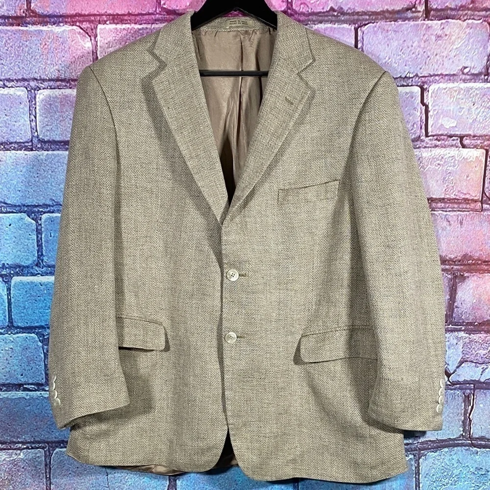 Stafford Men’s 42R Beige Herringbone Blazer Jacket Two Button Classic Sport Coat